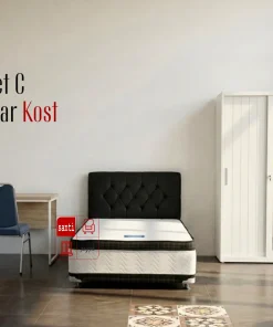 Paket Kost C Kasur Springbed Boxy Sleep Care Uk 100 cm+ Lemari Besi Sliding 90cm + Meja Dova Rangka Besi + Kursi Susun Chronos