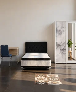Paket Kost C Kasur Springbed Boxy Sleep Care Uk 100 cm+ Lemari Besi Sliding 90cm + Meja Dova Rangka Besi + Kursi Susun Chronos